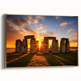 Framed canvas of Stonehenge in a vintage poster style, featuring muted earth tones, ideal for bedroom wall art.