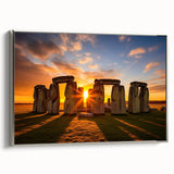Framed canvas of Stonehenge landscape art painting in muted earth tones, ideal for living room decor.