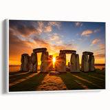 Vintage poster art of Stonehenge on a framed canvas, featuring muted earth tones, ideal for living room decor.
