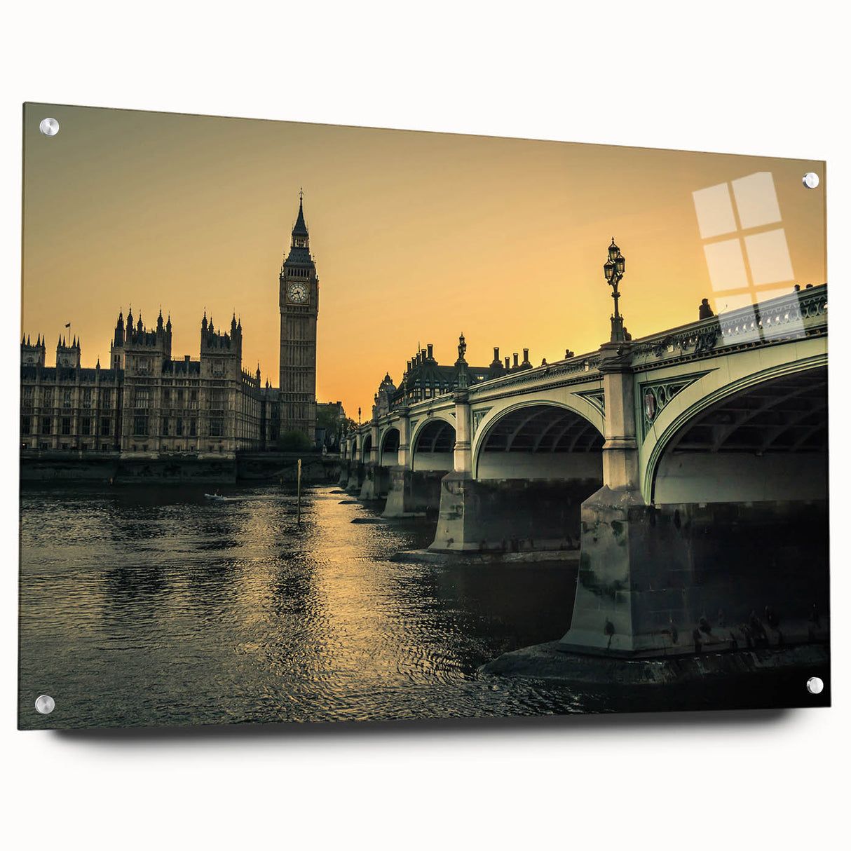 Acrylic print of the Thames River in England with serene blue and gray tones, suitable for bedroom or dining room decor.