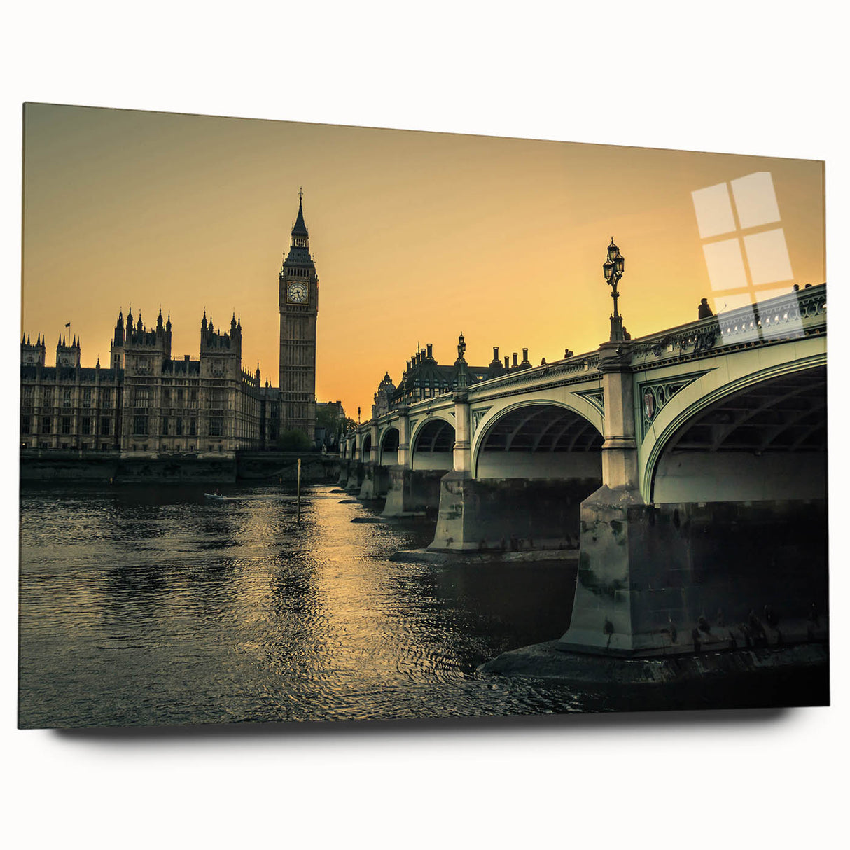Large abstract wall art of the Thames River in muted blue and gray tones on acrylic glass.