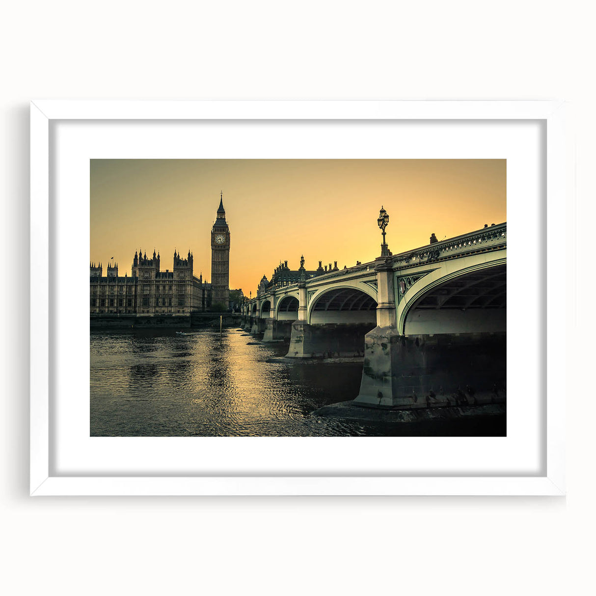 Textured art depicting the Thames River in abstract style, with muted blue and gray tones on a framed white mat.