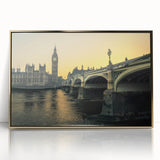 Art deco poster of the Thames River in muted gold and blue tones on framed acrylic, suitable for modern art wall decor.
