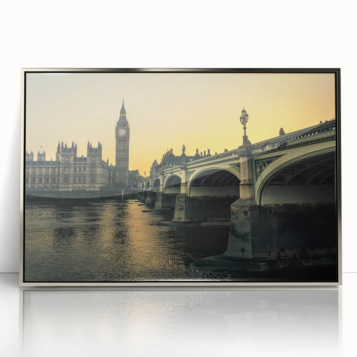Large art print of the Thames River in muted gray and blue tones, framed in silver acrylic.
