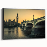 Black and white wall art featuring the Thames River, framed canvas, ideal for bedroom decor.