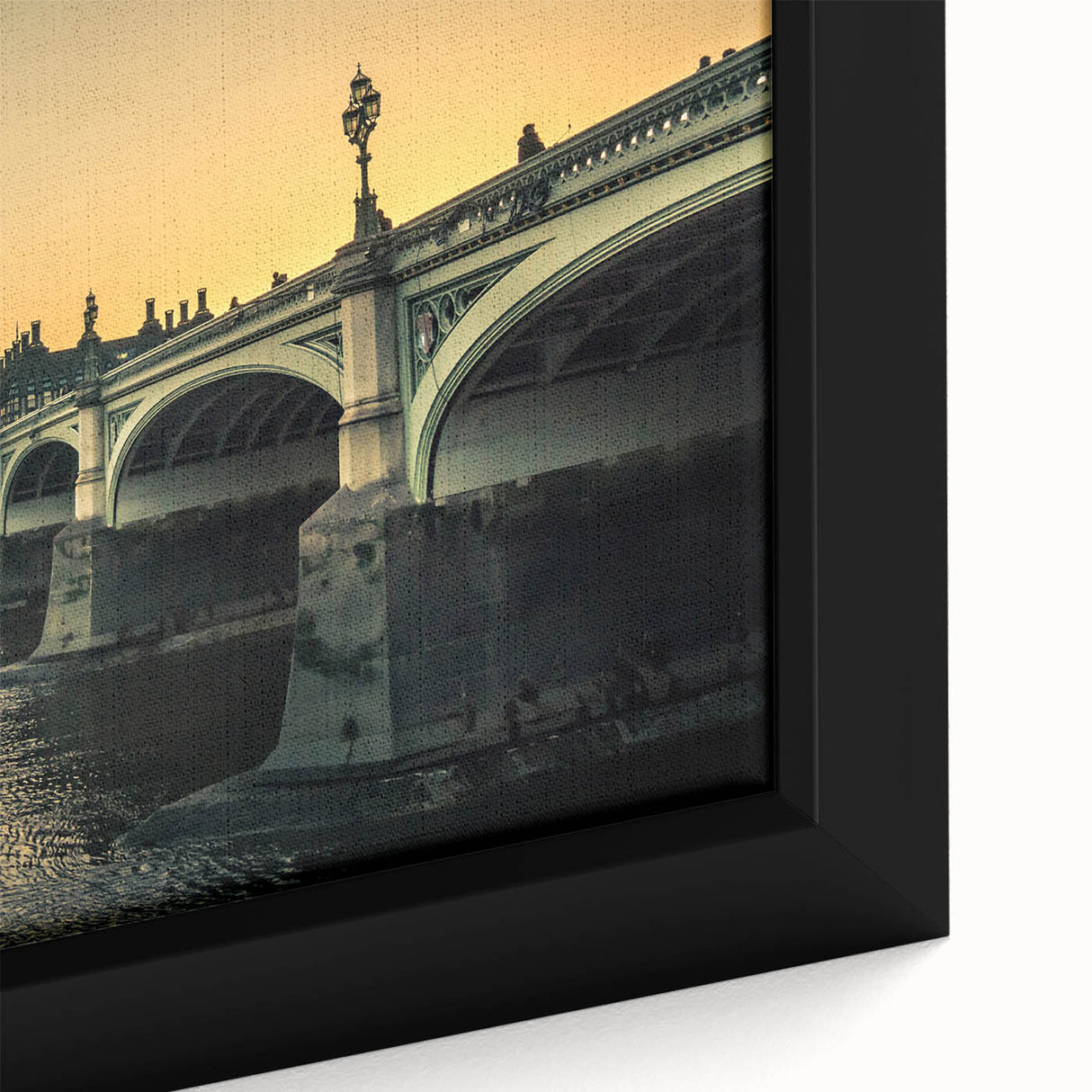 Extra large framed canvas of the Thames River in England with textured black and colorful art, ideal for living room decor.