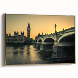 Framed canvas of a vintage-style landscape painting depicting the Thames River in muted gold and black tones.