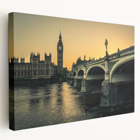 Panoramic view of the Thames River in muted gray and blue tones on a stretched canvas, suitable for kitchen wall art.