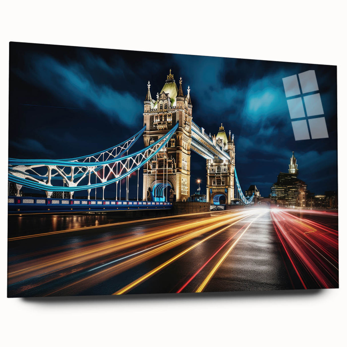 Acrylic print of Tower Bridge at dusk, showing soft blue and gray tones, ideal for bedroom or dining room art.