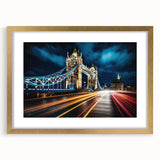 Abstract art print of Tower Bridge in muted gray and blue tones on a framed canvas, ideal for dining room decor.
