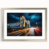 Extra large wall art featuring an abstract print of the Tower Bridge in muted gray and silver tones on a framed canvas.