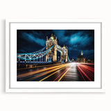 Textured art print of the Tower Bridge in muted gray tones on a framed white mat, ideal for bedroom art.