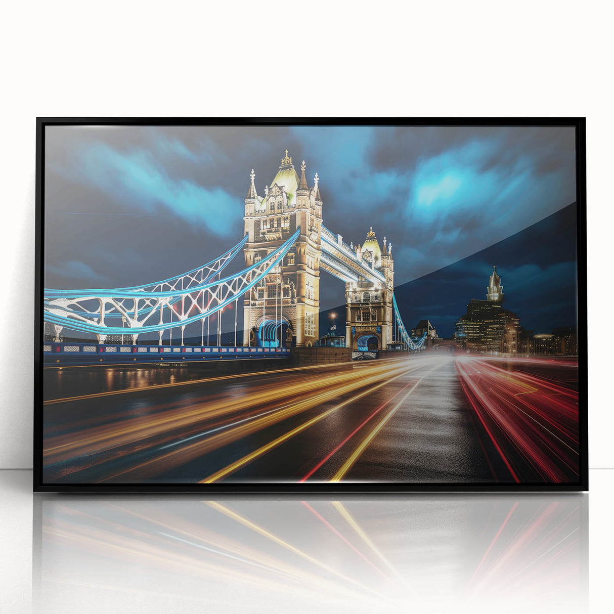 Large abstract wall art of Tower Bridge in muted gray and blue tones on framed acrylic, suitable for modern art wall decor.