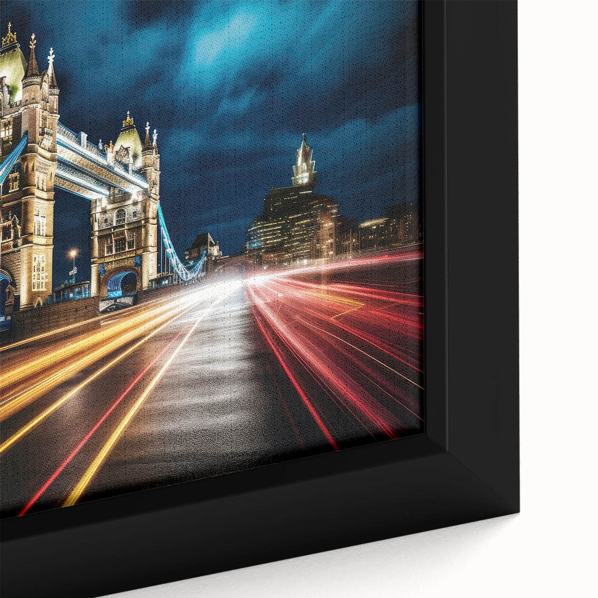 Black wall art featuring a textured depiction of London's Tower Bridge in colorful art style, framed canvas.