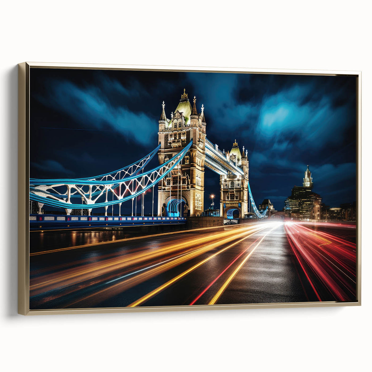 Framed canvas depicting Tower Bridge in muted black and gold tones, suitable as wall art for a bedroom.
