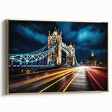 Framed canvas depicting Tower Bridge in muted black and gold tones, suitable as wall art for a bedroom.