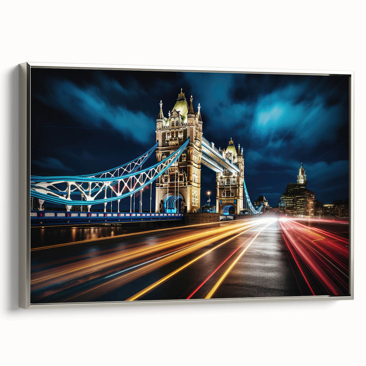 Framed canvas of Tower Bridge with a vintage poster art style in black and colorful hues, ideal for office decor.