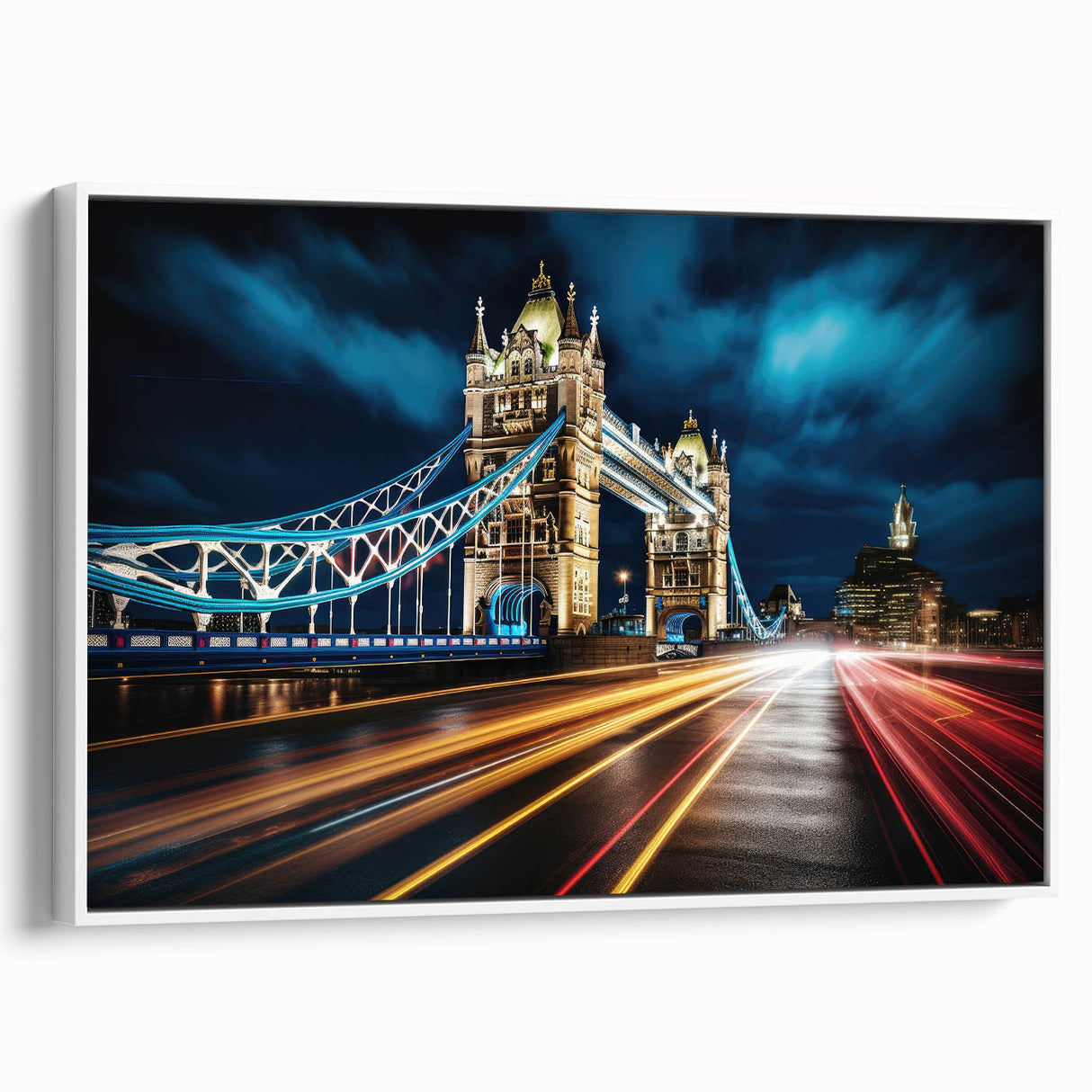 Vintage poster art of Tower Bridge in muted colors on framed canvas, suitable for living room decor.