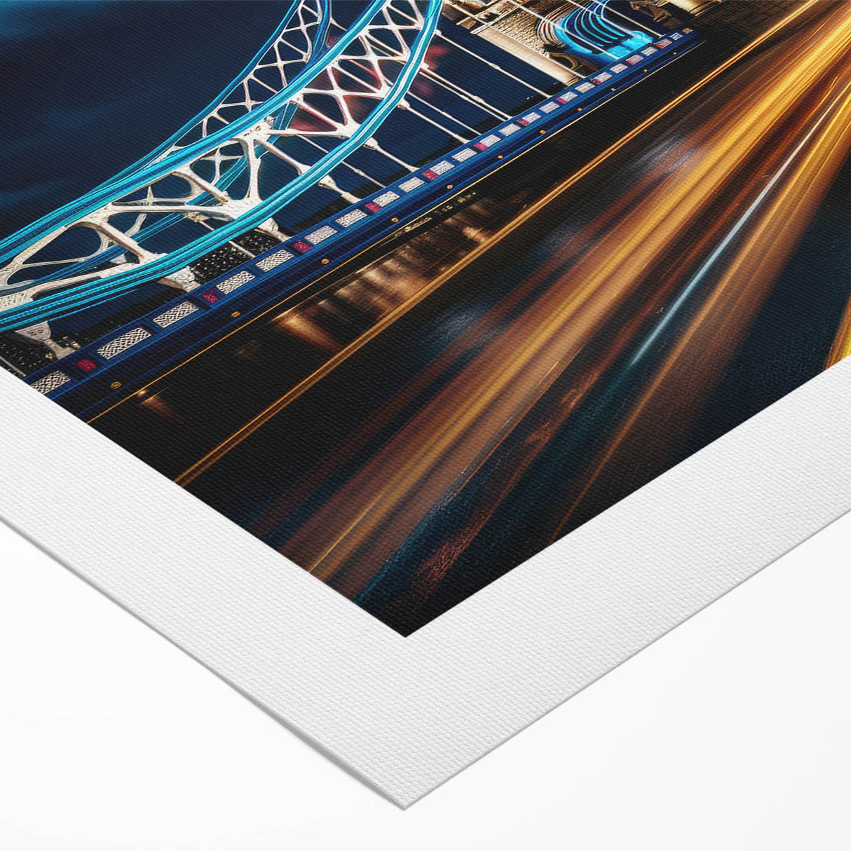 Art deco poster of the Tower Bridge in muted blue and gray tones on rolled canvas, suitable for dining room décor.