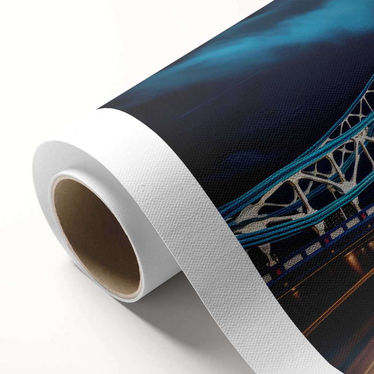 Art Deco poster of Tower Bridge with muted blue and gray tones on rolled canvas, ideal for nursery wall art.