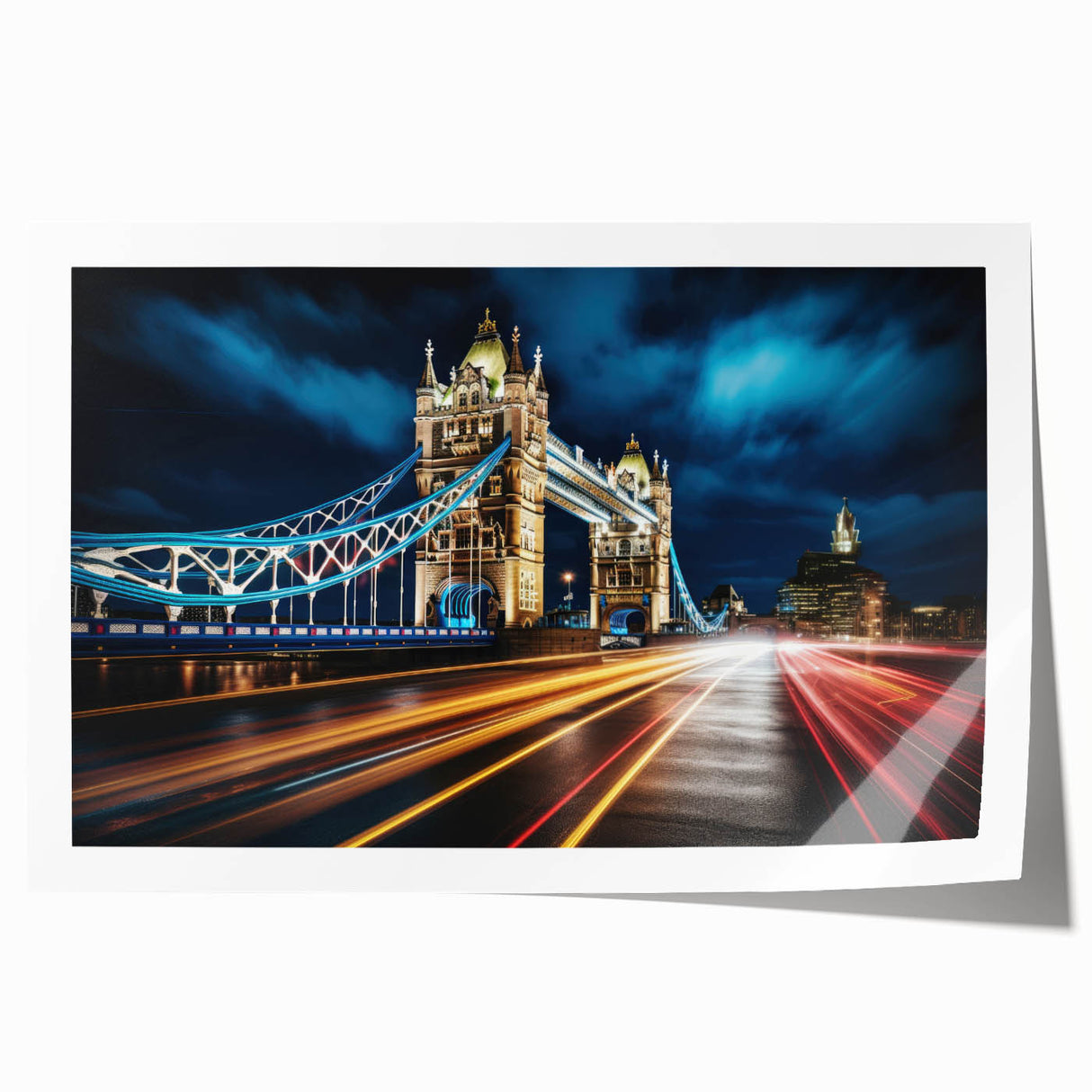 Rolled print of Tower Bridge in soft pastel hues, suitable as extra large wall art for a dining room.
