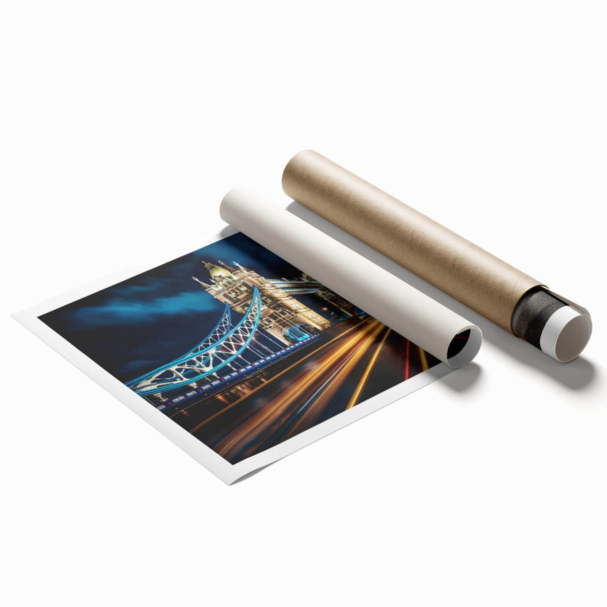 Extra large rolled print of Tower Bridge with muted gray and blue tones, ideal for classy bathroom wall art.