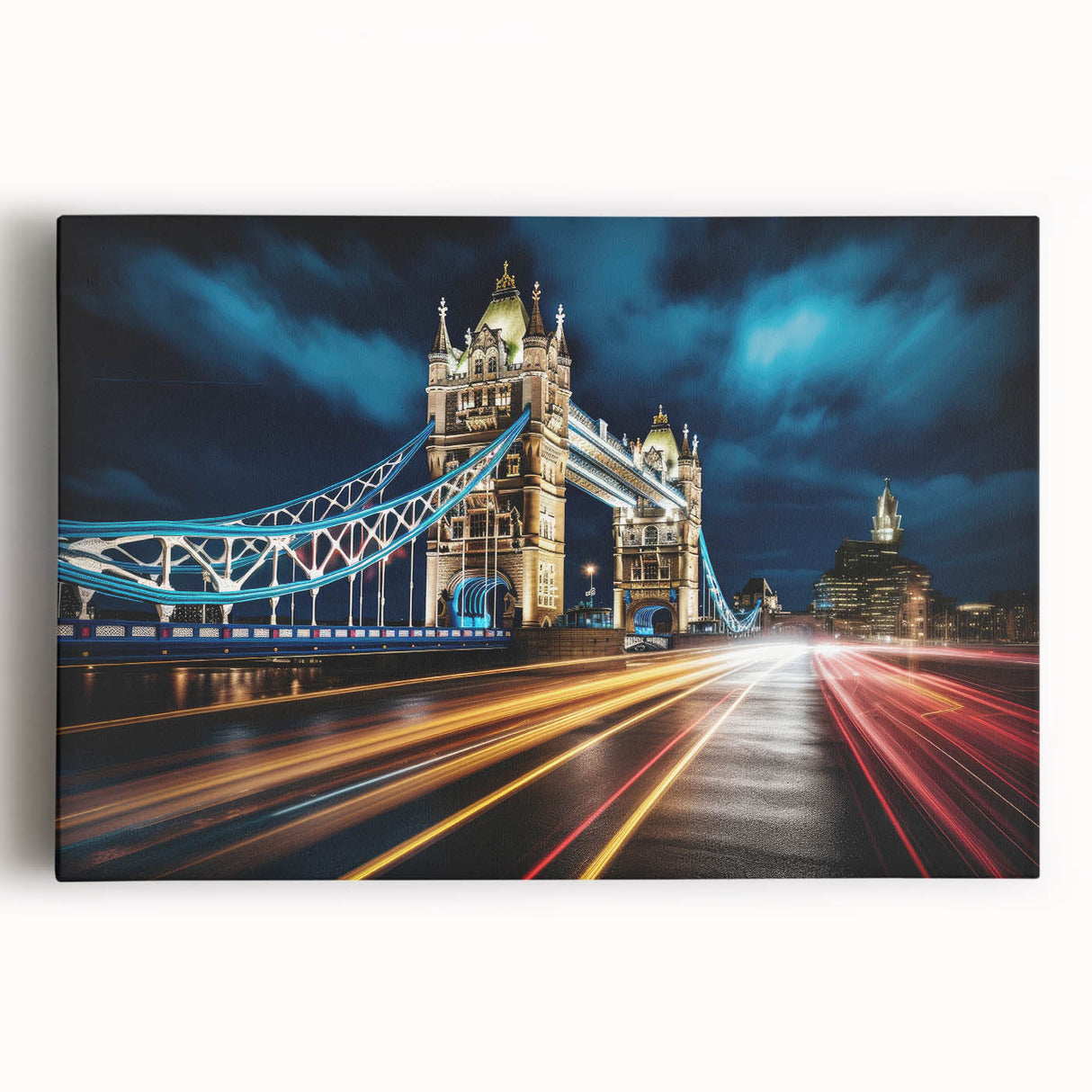 Black and white image of the Tower Bridge on stretched canvas, suitable as large kitchen wall art.