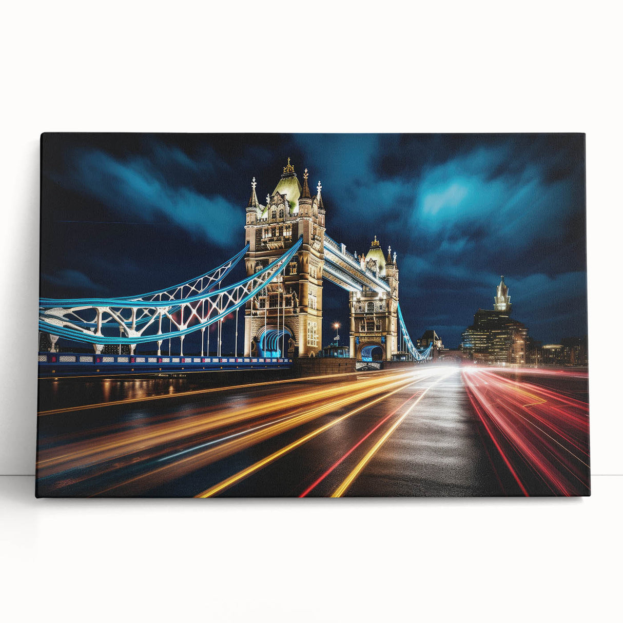 Black and white image of Tower Bridge on large stretched canvas, well-suited for kitchen wall art.