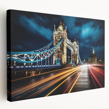Side view of Tower Bridge in muted blues and grays on a large stretched canvas, suitable for kitchen wall art.