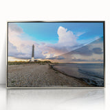 Large art print of a serene European landscape in muted greens and blues, framed in silver acrylic.