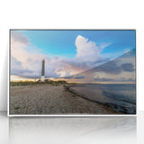 Mid-century modernist art depicting a serene Estonian landscape in muted green and blue tones, acrylic print framed in white.