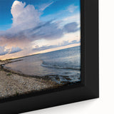 Extra large framed canvas featuring a textured depiction of a European scenery in black with vibrant color accents.