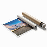 Rolled print of a serene European landscape with soft pastel colors, ideal for classy bathroom wall art.