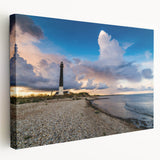 Large art print of a European scenic landscape in muted green and blue tones on stretched canvas.