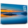 Large abstract wall art of a Finnish landscape in muted greens and blues on acrylic glass.