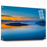 Large abstract wall art of a Finnish landscape in muted greens and blues on acrylic glass.