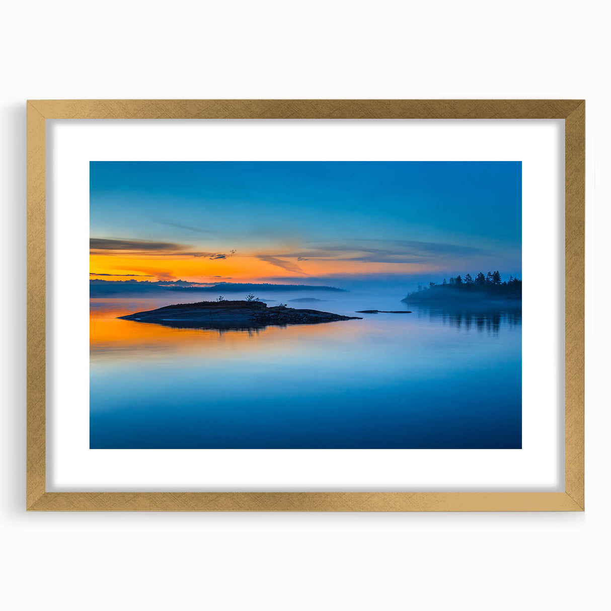 Abstract art print of a serene Finnish landscape in muted earth tones on a framed canvas, ideal for dining room decor.