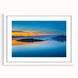 Textured abstract art print of a serene Finnish landscape in muted blue and gray tones, framed in white.