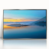 Mid-century modernist art depicting a serene Finnish landscape in muted earth tones on a framed acrylic print.