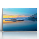 Mid-century modernist art depicting a serene Finnish landscape in cool blue and green tones on a framed acrylic panel.