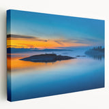 Large art depicting a serene Finnish landscape on stretched canvas, with cool blue and green tones.