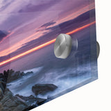 Large abstract wall art depicting a Corsican landscape in muted blue and green tones on acrylic glass.