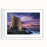 Textured art print of a Corsican landscape in muted earth tones on a white framed canvas, suitable for bedroom decor.