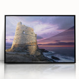 Large abstract wall art depicting a scenic view of Corsica, France, in muted earth tones, framed in black acrylic.