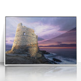 Mid-century modernist art depicting a coastal Corsican landscape in soft pastel hues, framed in white acrylic.