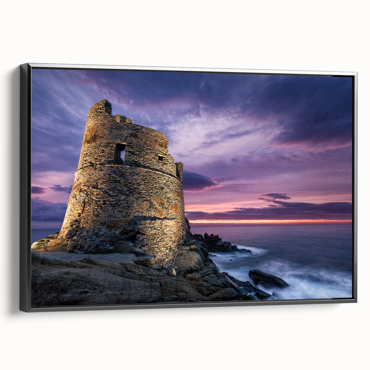 Black and white vintage poster art of Corsican landscape on framed canvas, suitable for bedroom decor.