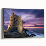 Framed canvas of a vintage-style landscape art painting depicting the colorful Corsican coastline.
