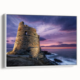 Vintage poster art of a Corsican landscape in colorful hues on a large framed canvas, suited for living room decor.