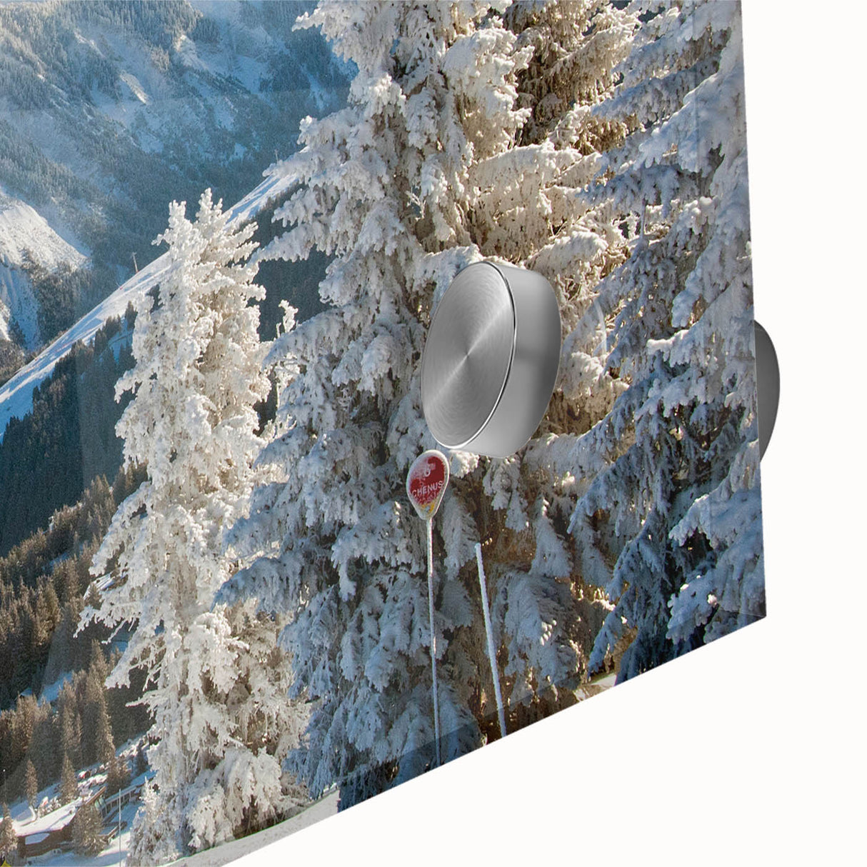 Mid-century modernist art of French Alps in muted earth tones on acrylic glass, ideal for dining room art.