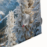 Mid-century modernist art of French Alps in muted earth tones on acrylic glass, ideal for dining room art.